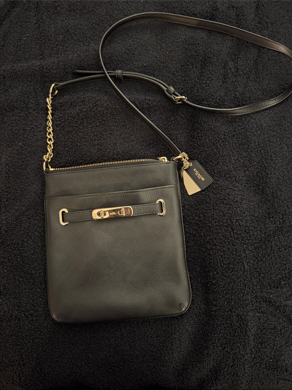 Coach Black Leather Crossbody with Gold-Tone Chain Detail